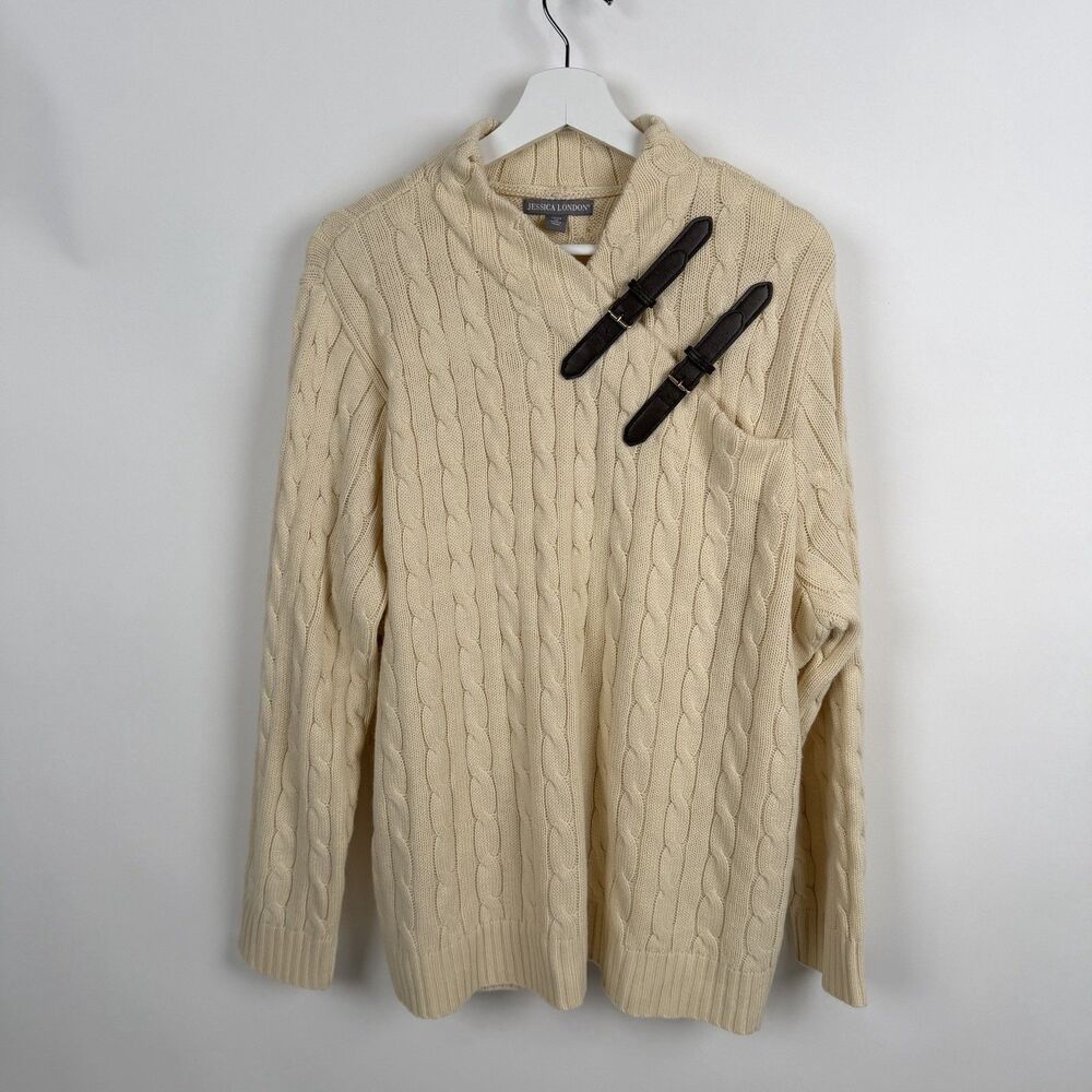 Jessica London Cable Knit Faux Wrap Sweater 22 Ivory Western Cowgirl Buckles